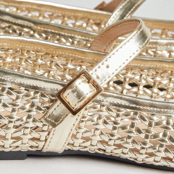 Gold Elegant Womens Woven Pu Square Toe Comfortable Mary Jane Ballet Flats - Picture 5 of 7